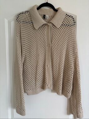 H&M Beige Open-Knit Button Cardigan with Collar